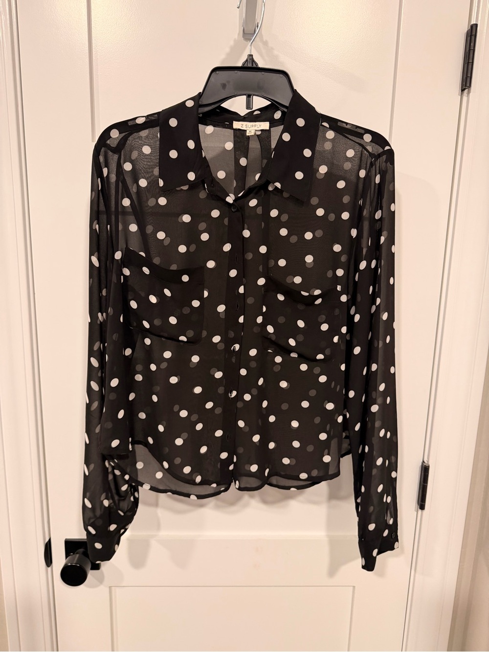 Z Supply Black Sheer Polka Dot Button-Front Blouse